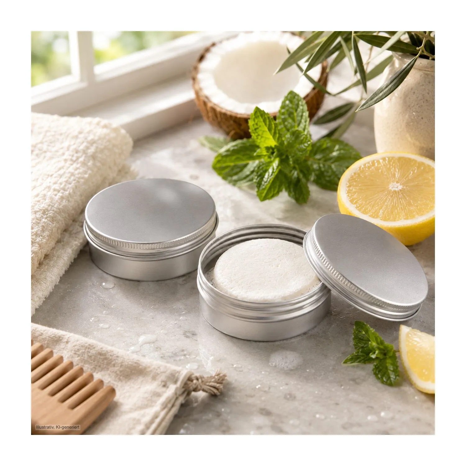 Festes Shampoo Zitrone-Minze, Shampoo Bar 58 g in Metallbox, weiß – Bild 8