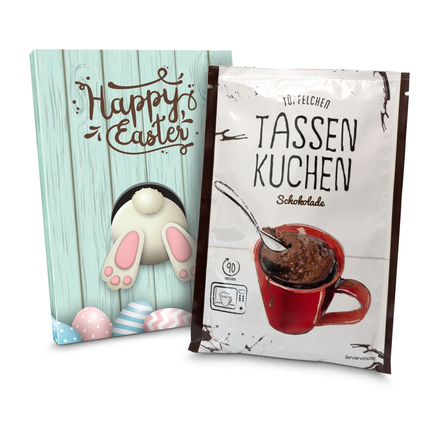 Geschenkartikel / Präsentartikel: Oster Tassenkuchen Schokolade (Backmischung 70 g), auch in individueller Stecktasche, blau – Bild 2
