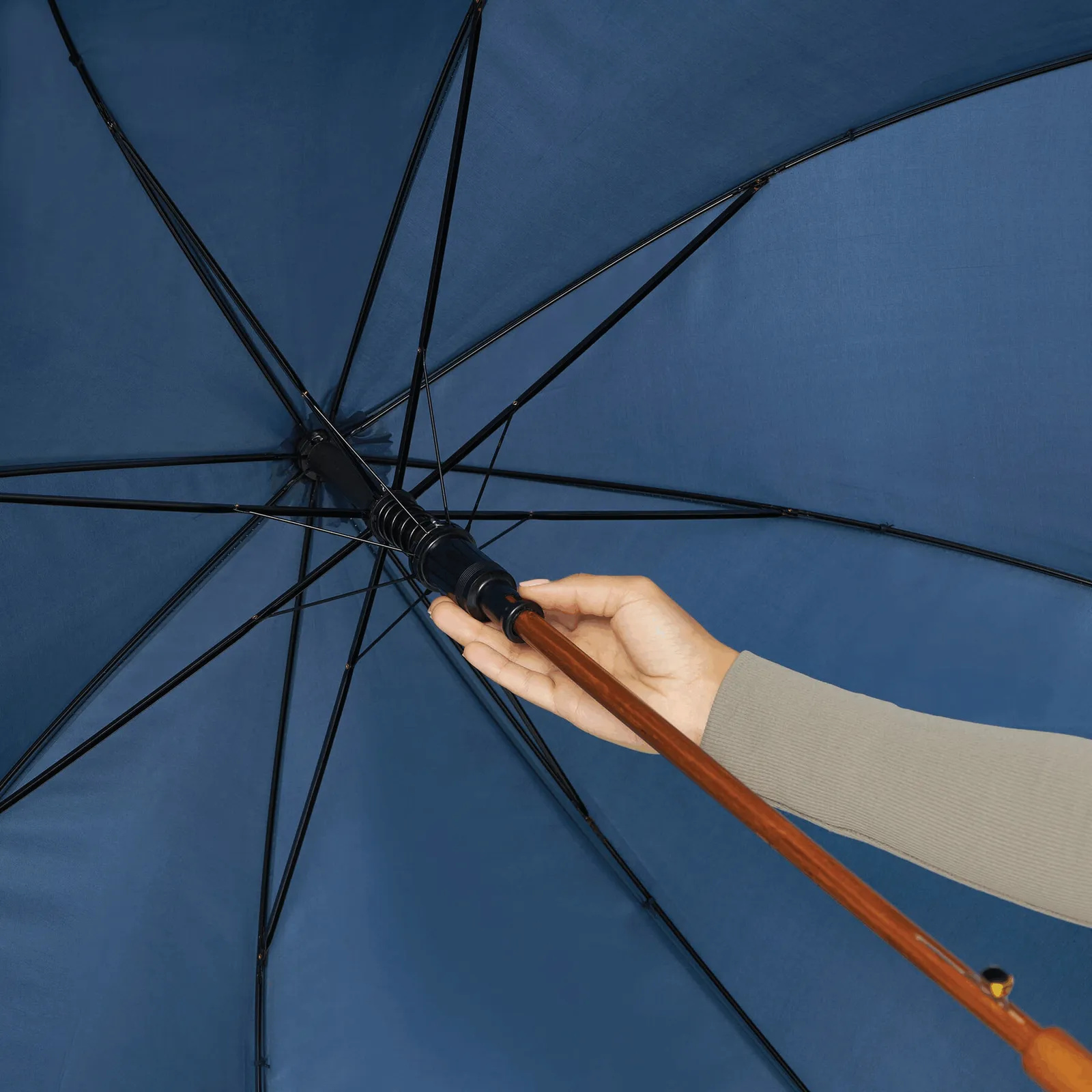 WALTZ Umbrella, Automatik-Holzstockschirm, beige, marineblau – Bild 9