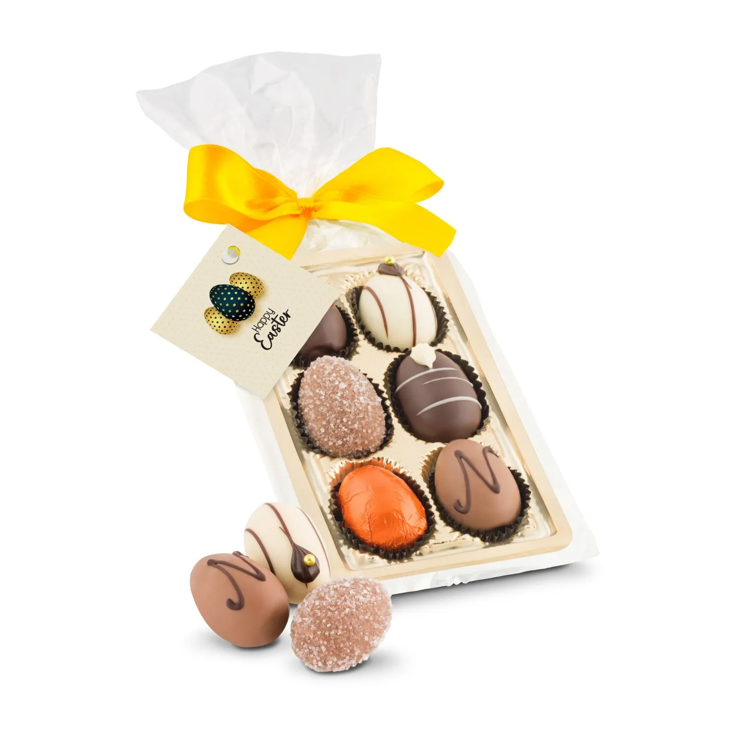 Geschenkartikel / Präsentartikel: Schokoladen-Pralineneier, 6 Stück, 125 g, gelb – Bild 6