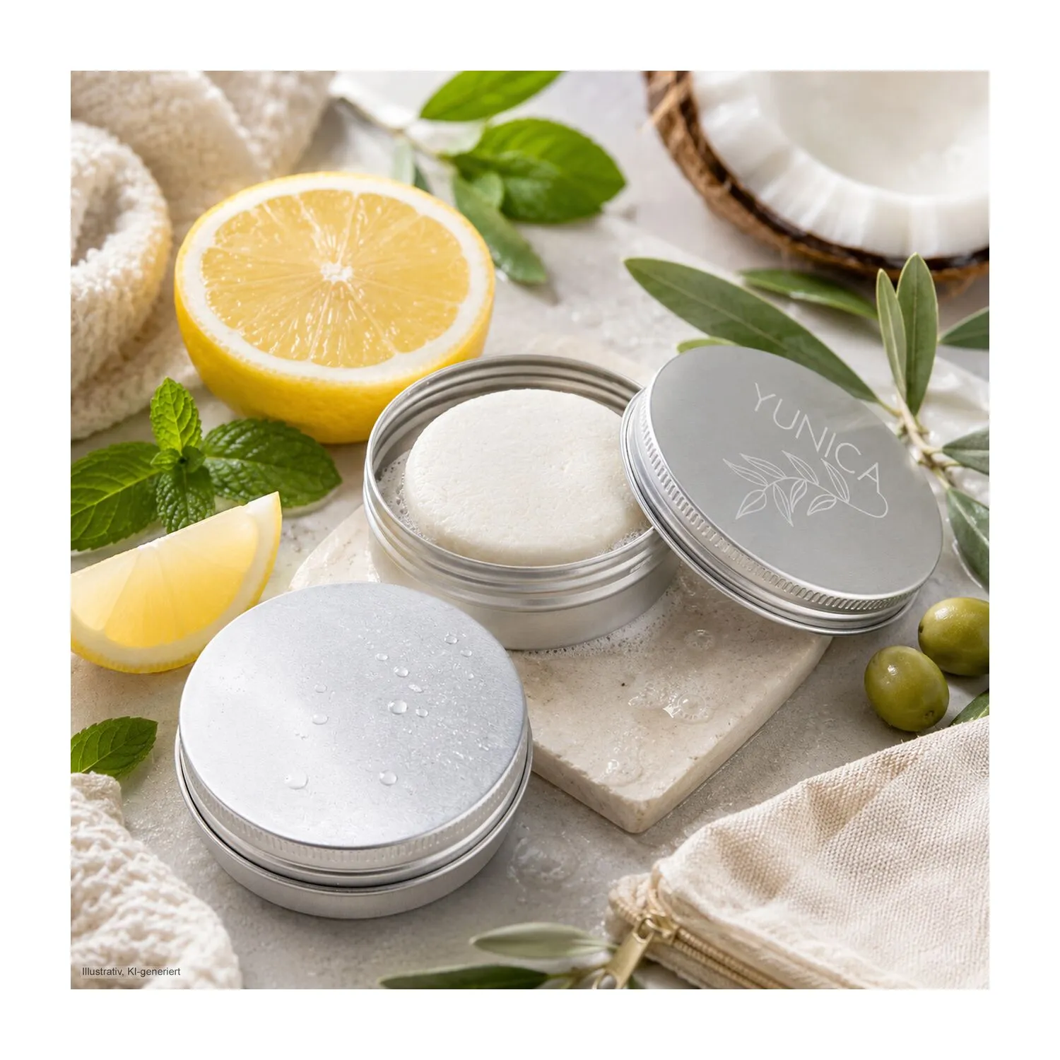 Festes Shampoo Zitrone-Minze, Shampoo Bar 58 g in Metallbox, weiß – Bild 7