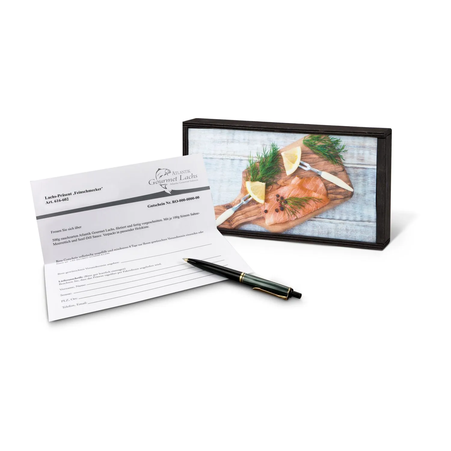 Geschenkartikel / Präsentartikel: Lachs-Gutschein in Holzbox: Feinschmecker, braun – Bild 2