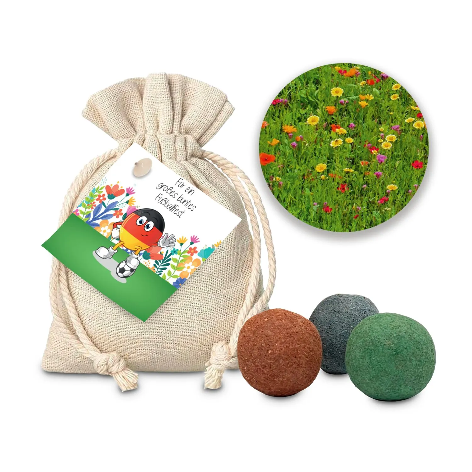 Geschenkartikel / Präsentartikel: Großes, buntes Fußballfest, 3 Saatkugeln im Säckchen
