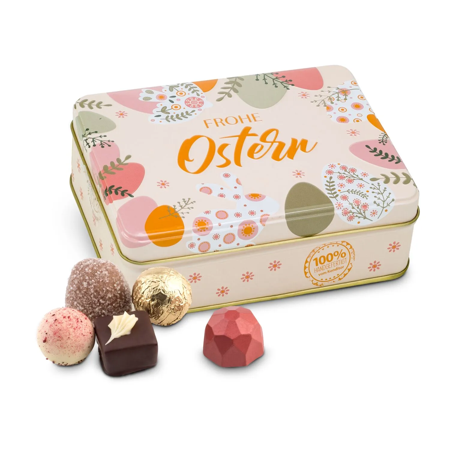Geschenkartikel / Präsentartikel: Frohe Ostern - Pralinendose mit 125 g, grün – Bild 2