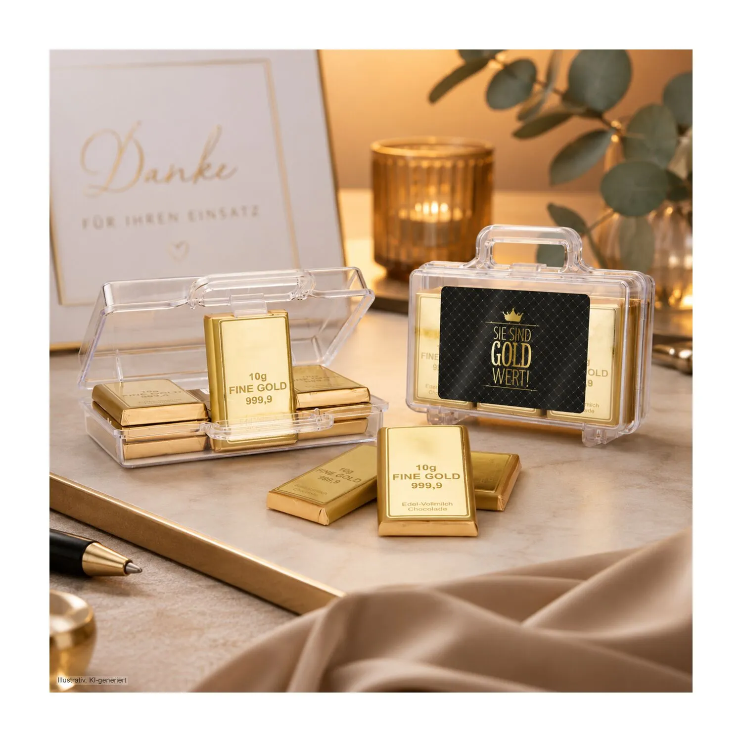 Geschenkartikel / Präsentartikel: Sie sind Gold wert - Goldkoffer mit 12 Goldbarren, Edelvollmilch-Schokolade (120 g), gold – Bild 3