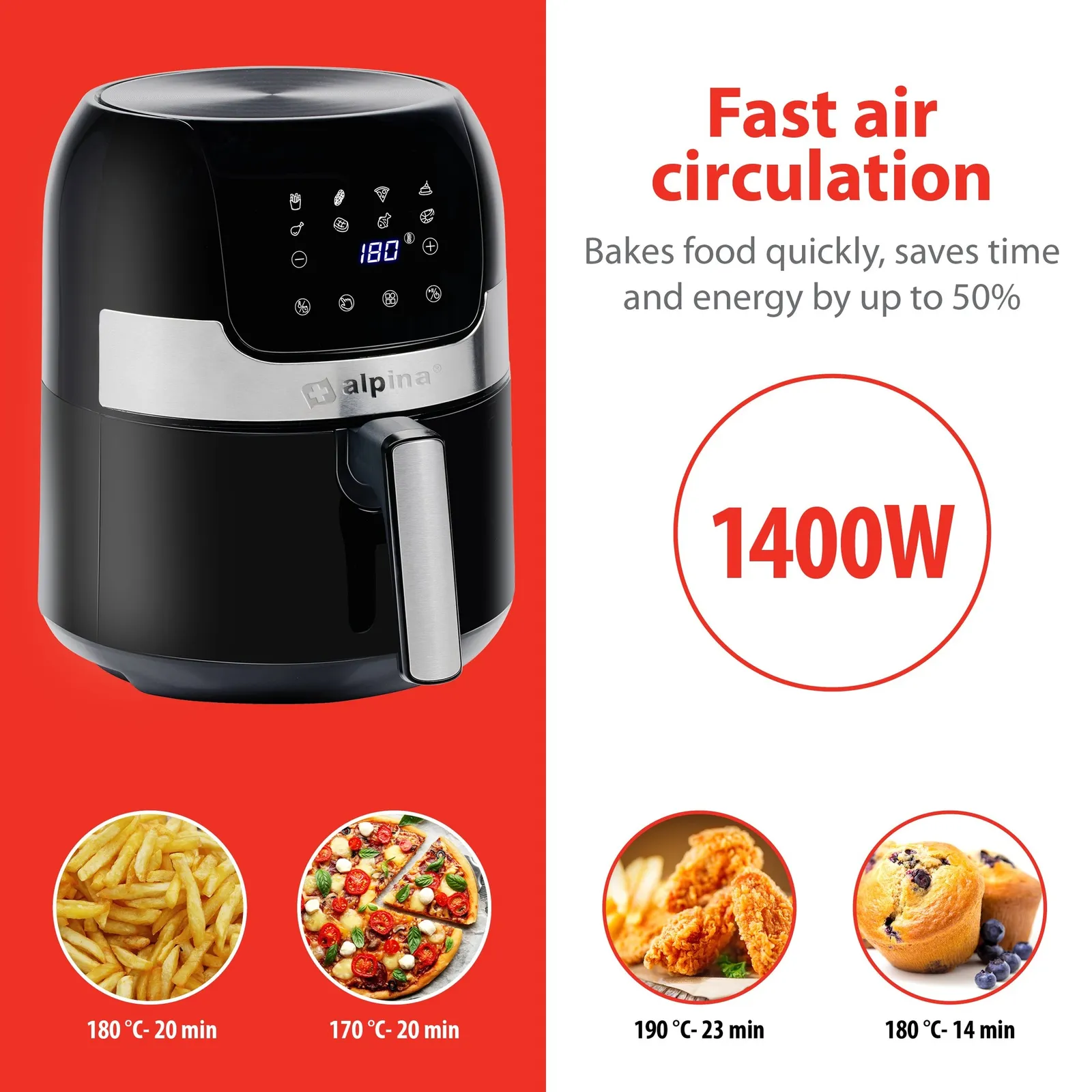 ALPINA Digitale Heißluftfritteuse 3.5L 1400W 230V, Schwarz – Bild 8
