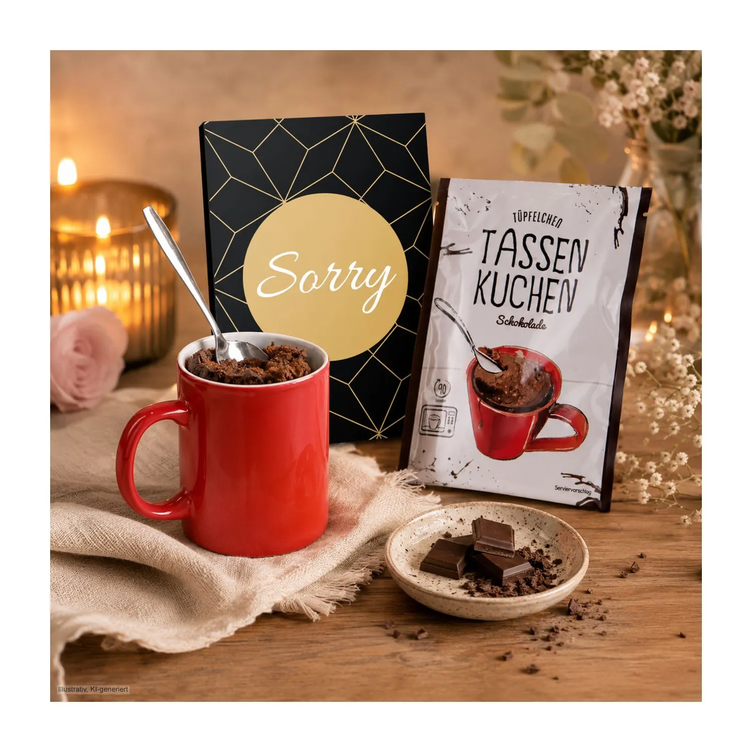 Geschenkartikel / Präsentartikel: Tassenkuchen Schokolade 70 g, Sorry, schwarz – Bild 3