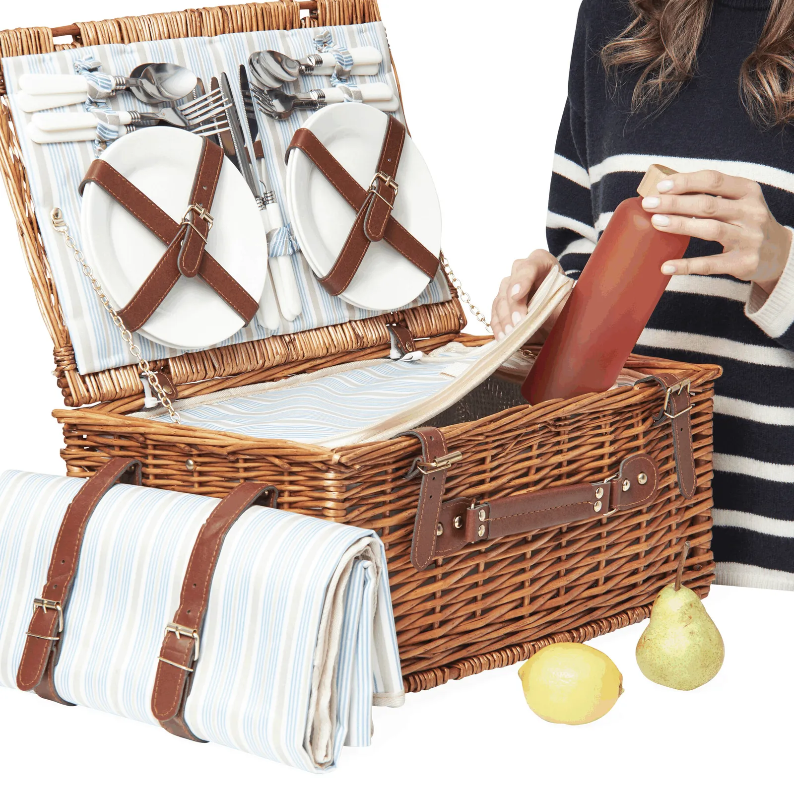 MADISON PARK - Weiden-Picknickkorb beige, blau, braun, beige, blau – Bild 11