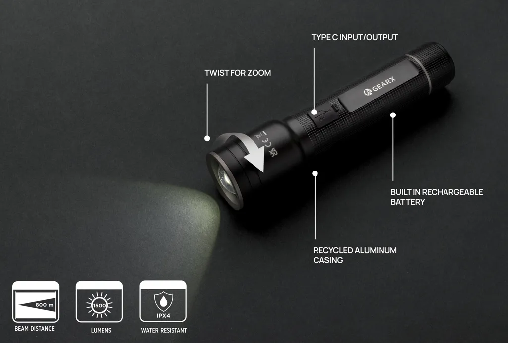 Heavy-Duty USB-Taschenlampe aus RCS recyceltem Aluminium, schwarz – Bild 11