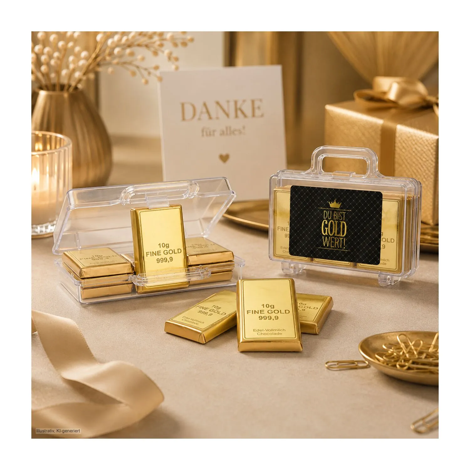 Geschenkartikel / Präsentartikel: Du bist Gold wert - Goldkoffer mit 12 Goldbarren, Edelvollmilch-Schokolade (120 g), gold – Bild 3