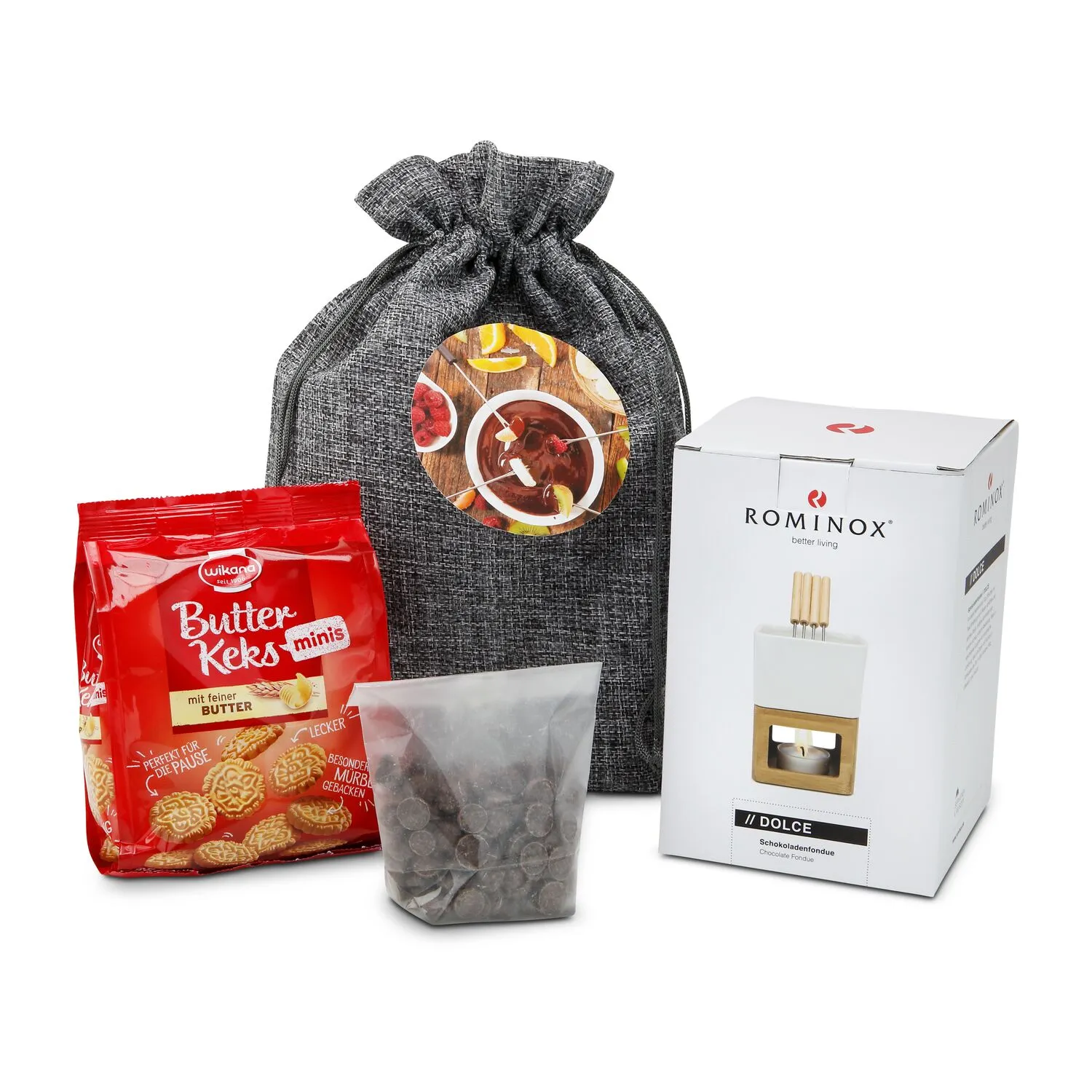 Geschenkset / Präsenteset: Schokofondue im Beutel, grau – Bild 2