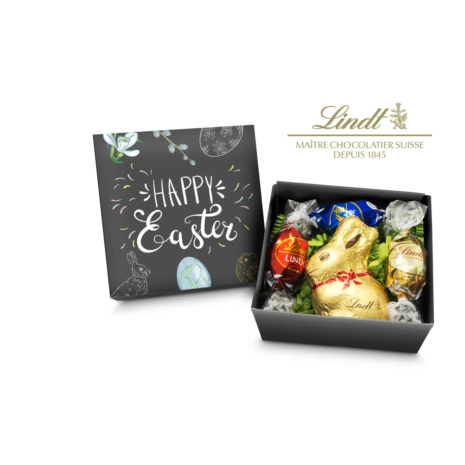 Geschenkartikel / Präsentartikel: Lindt Osternest - Goldhase und 3 Lindor Mini-Eier, auch in individueller Schachtel, schwarz – Bild 2