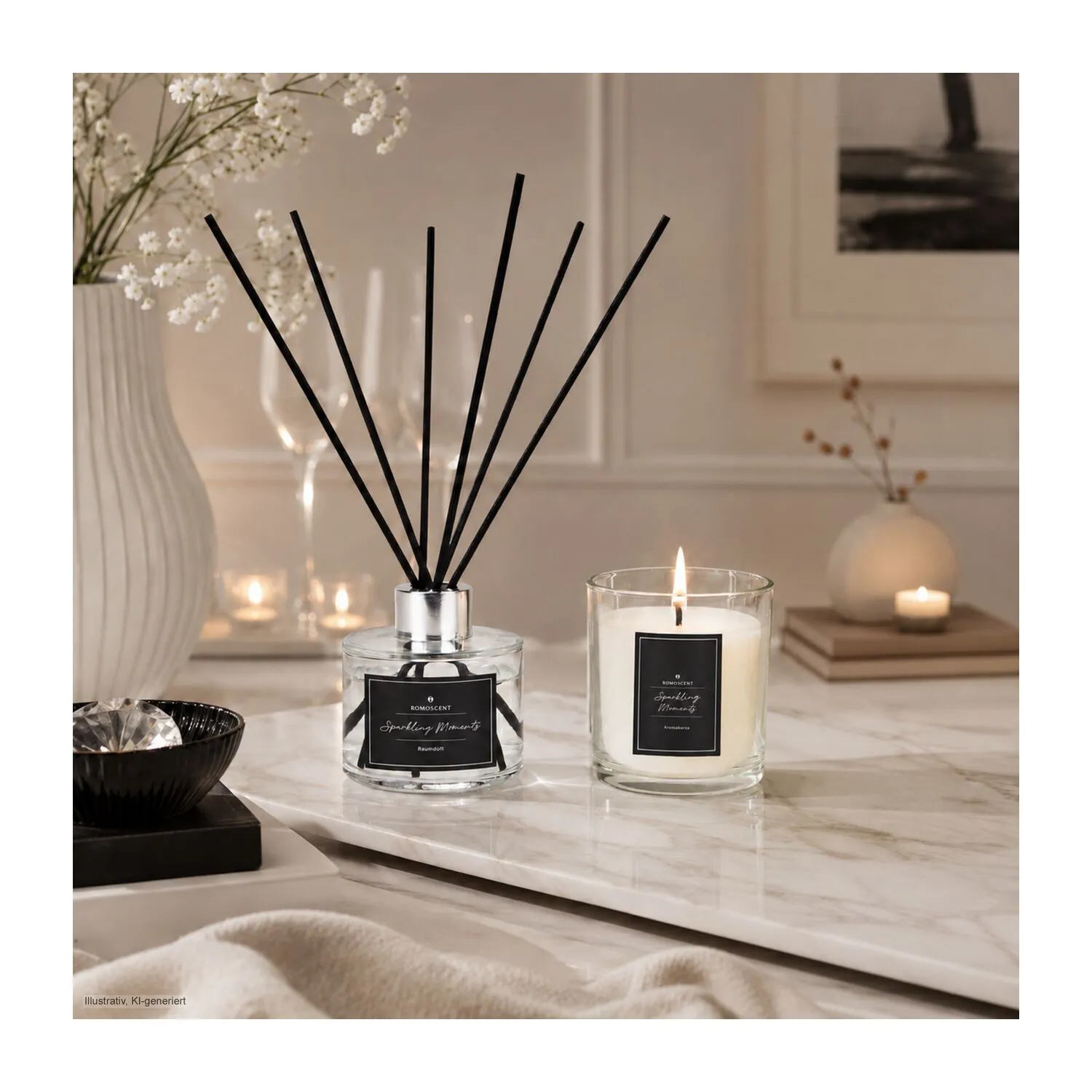 ROMOSCENT® Aroma-Set Sparkling Moments, Raumduft & Aromakerze, schwarz-weiß – Bild 7