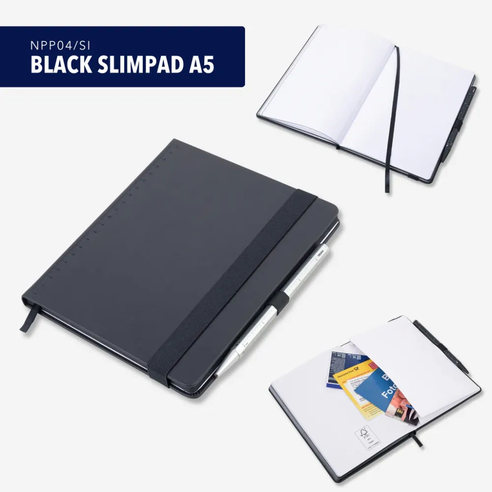 Notizblock BLACK SLIMPAD A5 schwarz, Stift silberfarben, schwarz – Bild 7