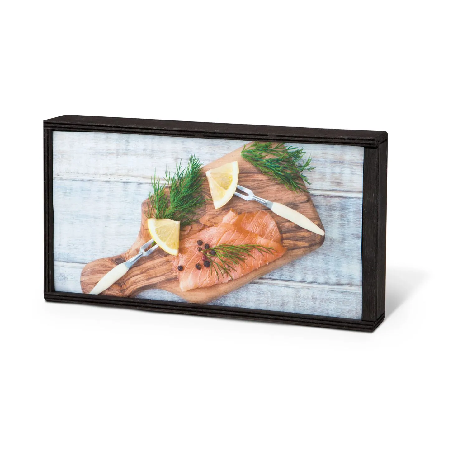 Geschenkartikel / Präsentartikel: Lachs-Gutschein in Holzbox: Feinschmecker, braun – Bild 4
