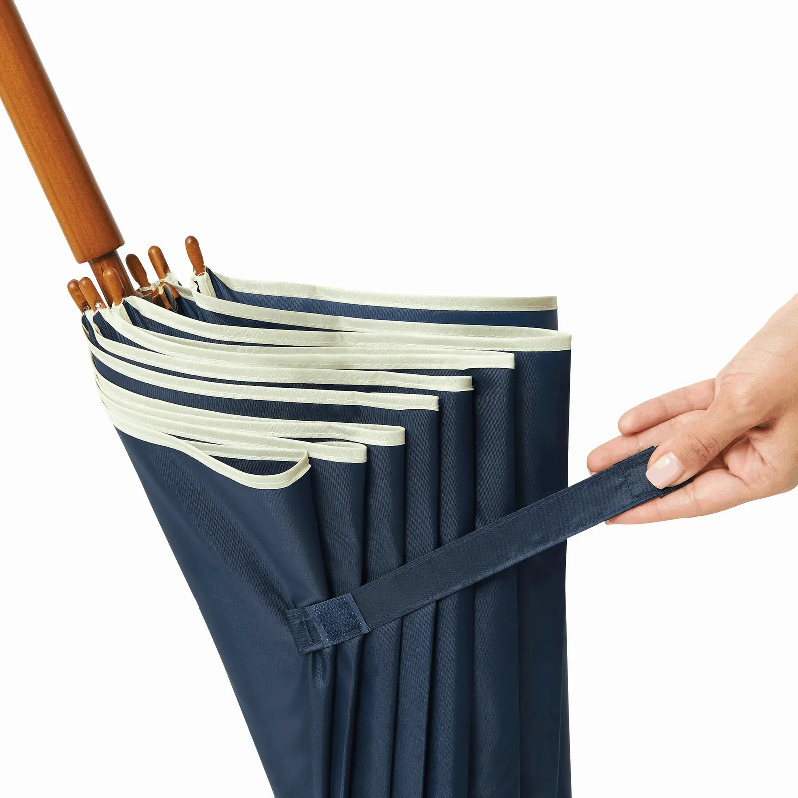 WALTZ Umbrella, Automatik-Holzstockschirm, beige, marineblau – Bild 11