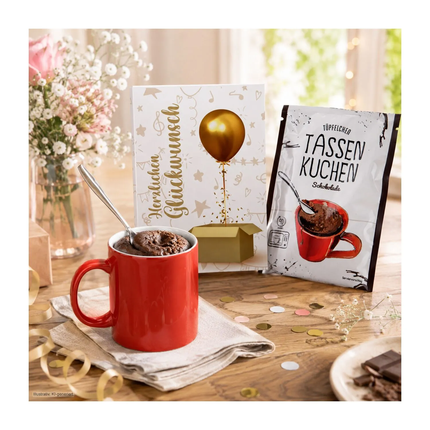 Geschenkartikel / Präsentartikel: Tassenkuchen Schokolade 70 g, Herzlichen Glückwunsch, weiß – Bild 3
