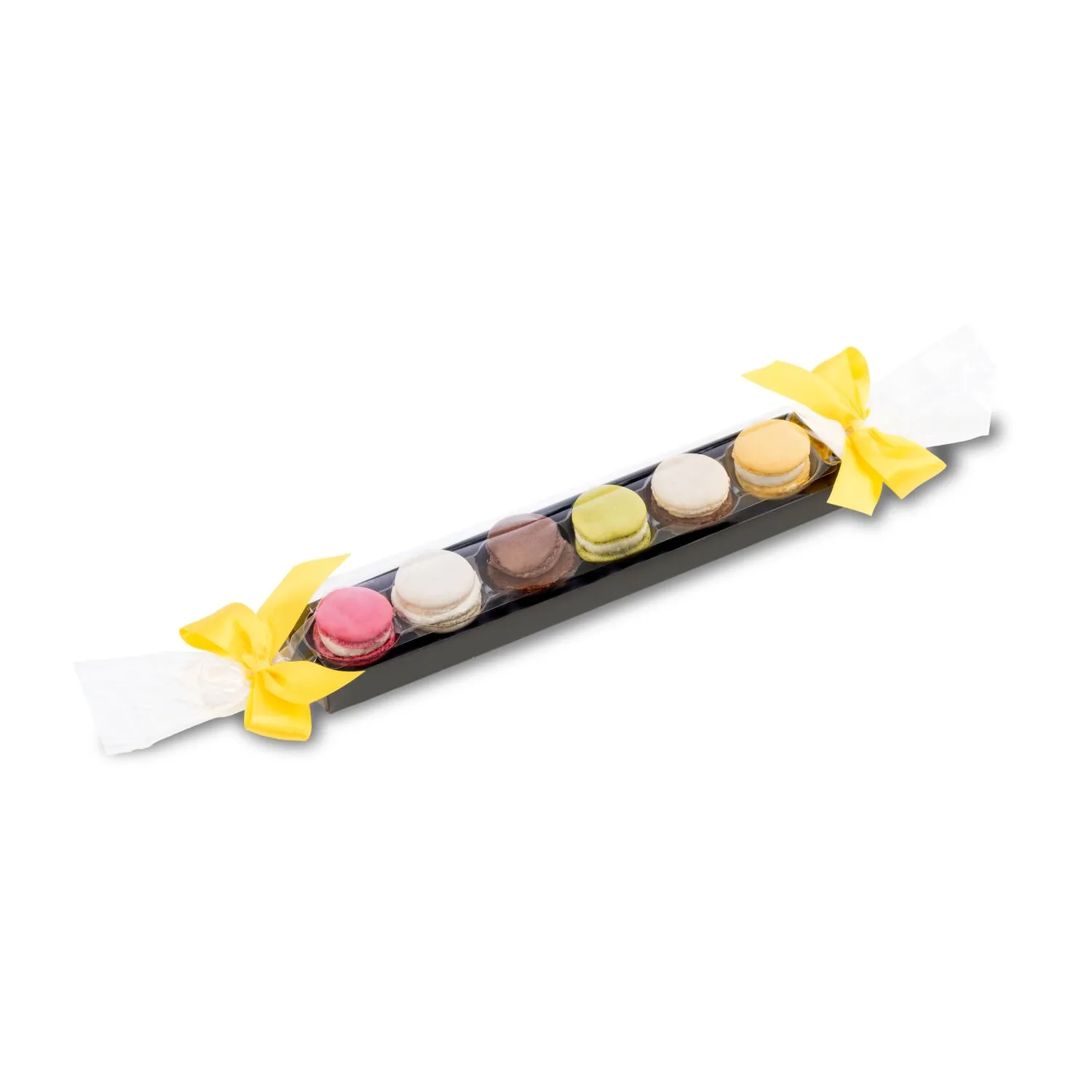 Geschenkartikel / Präsentartikel: Macaron-Stange mit Schleifen - sechs bunte Macarons (60 g), gelb – Bild 2