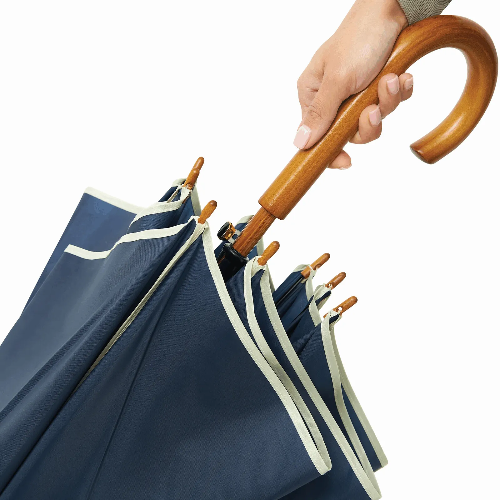 WALTZ Umbrella, Automatik-Holzstockschirm, beige, marineblau – Bild 10