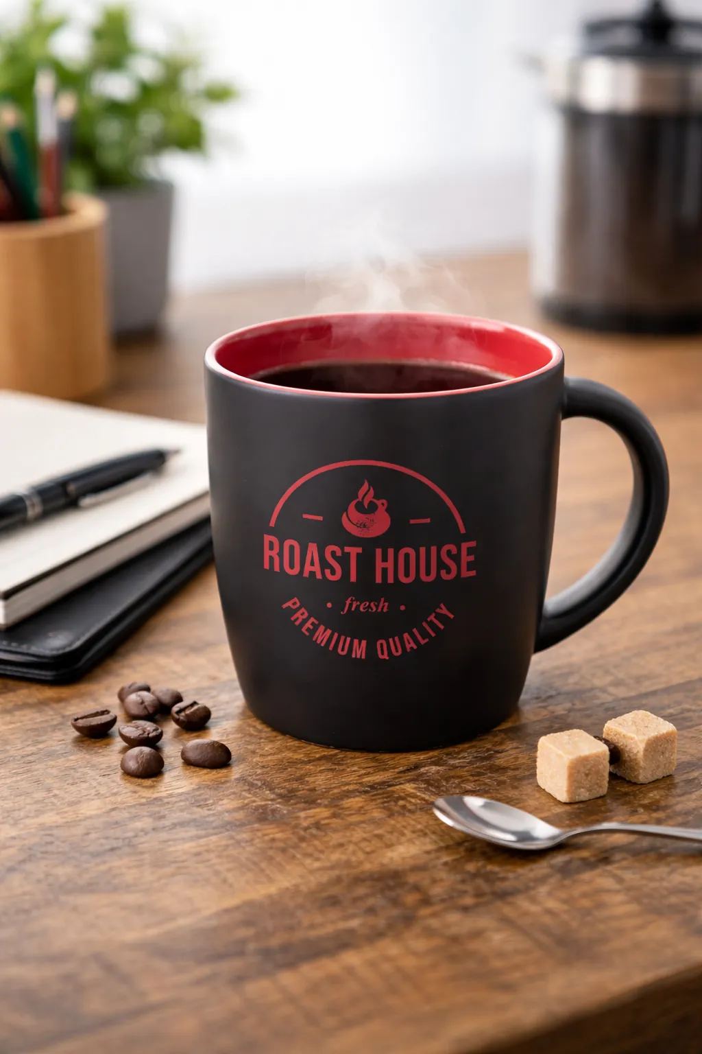 Schwarze Keramiktasse mit rotem Innenrand und Roast House Logo auf Holztisch mit Kaffee, Kaffeebohnen und Notizbuch