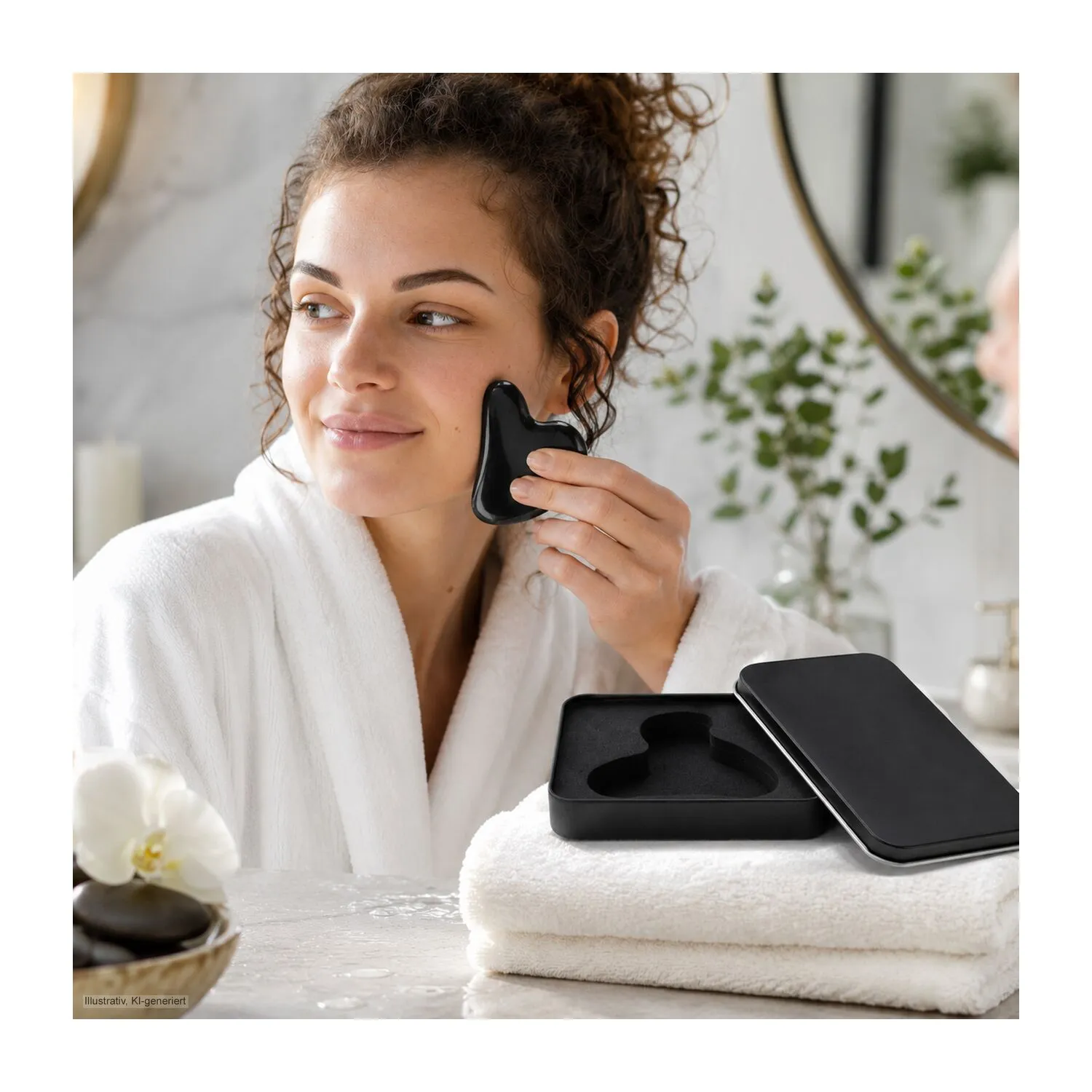 Massagestein Gua Sha Black Obsidian zur Wellness-Gesichtsmassage, schwarz – Bild 11