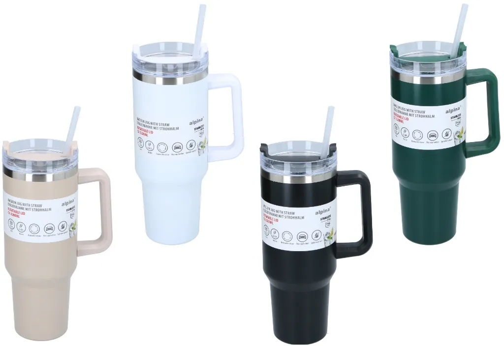 ALPINA Vakuum-Isolierbecher mit Trinkhalm 1.2L, Black/White/Beige/Green – Bild 7