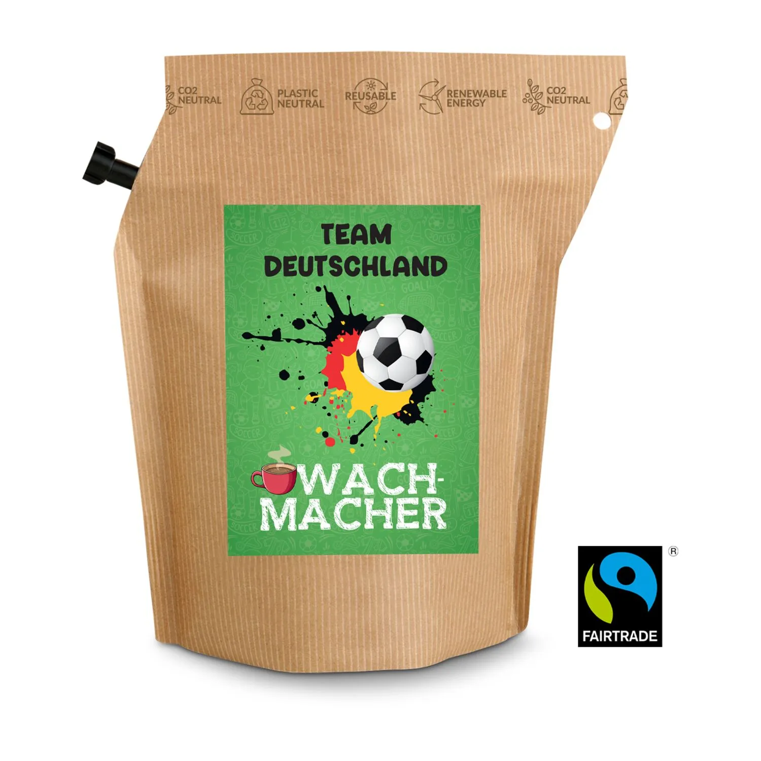 Geschenkartikel / Präsentartikel: Fußball Team Deutschland Wachmacher, wiederverwendbarer Brühbeutel mit Fairtrade Kaffee