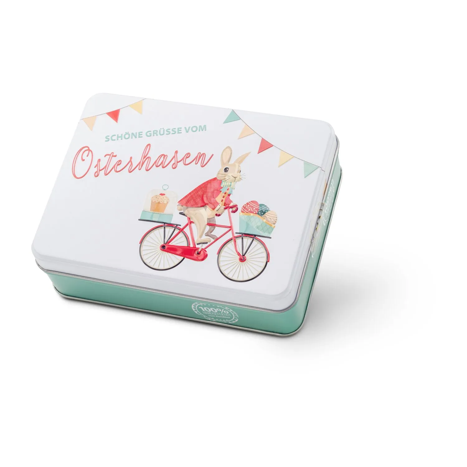 Geschenkartikel / Präsentartikel: Hasenvater auf dem Fahrrad - Pralinendose mit 125 g, grün – Bild 5