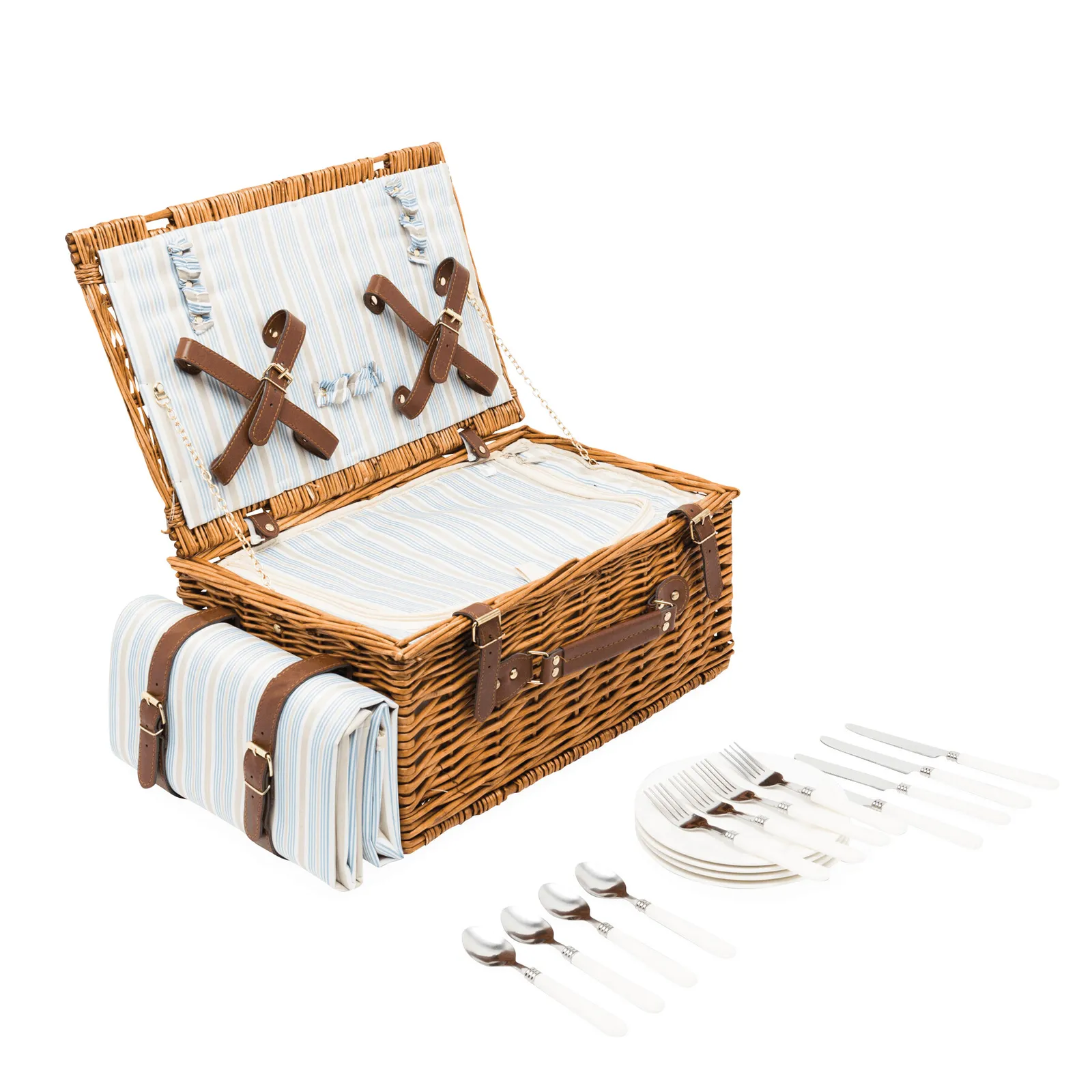 MADISON PARK - Weiden-Picknickkorb beige, blau, braun, beige, blau – Bild 6