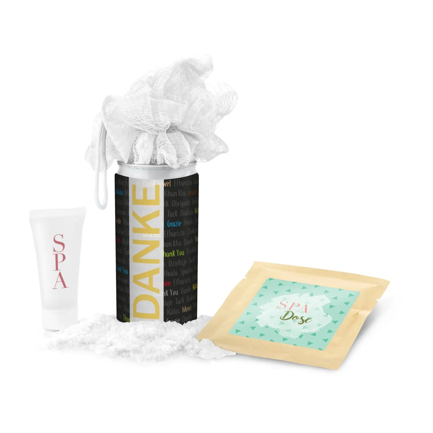 Geschenkset / Präsenteset: SPA Dose, Wellness-Geschenk in der Dose - Etikett Danke