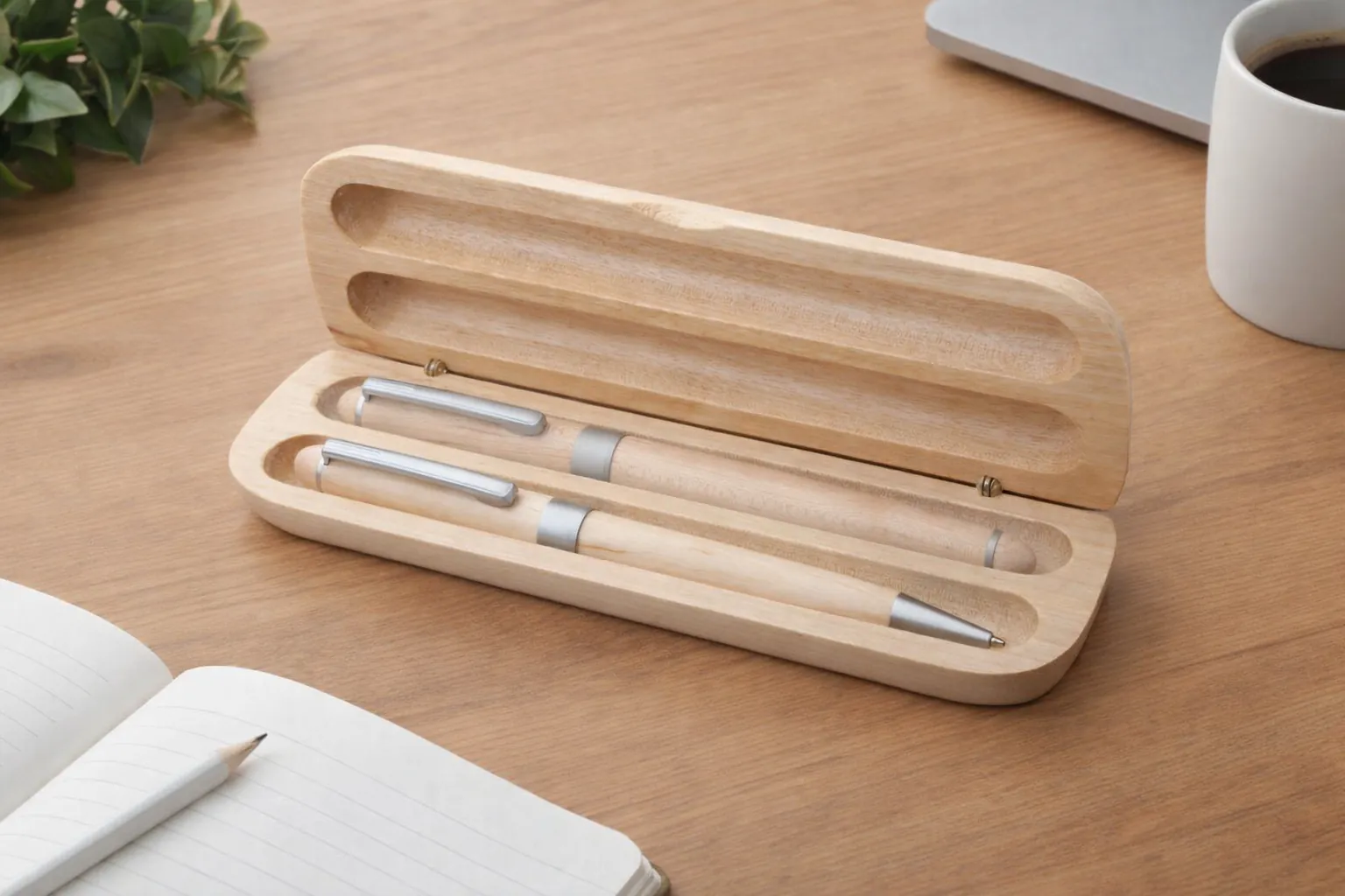 Holz-Stifteset im Etui auf einem Tisch als hochwertiger Werbeartikel