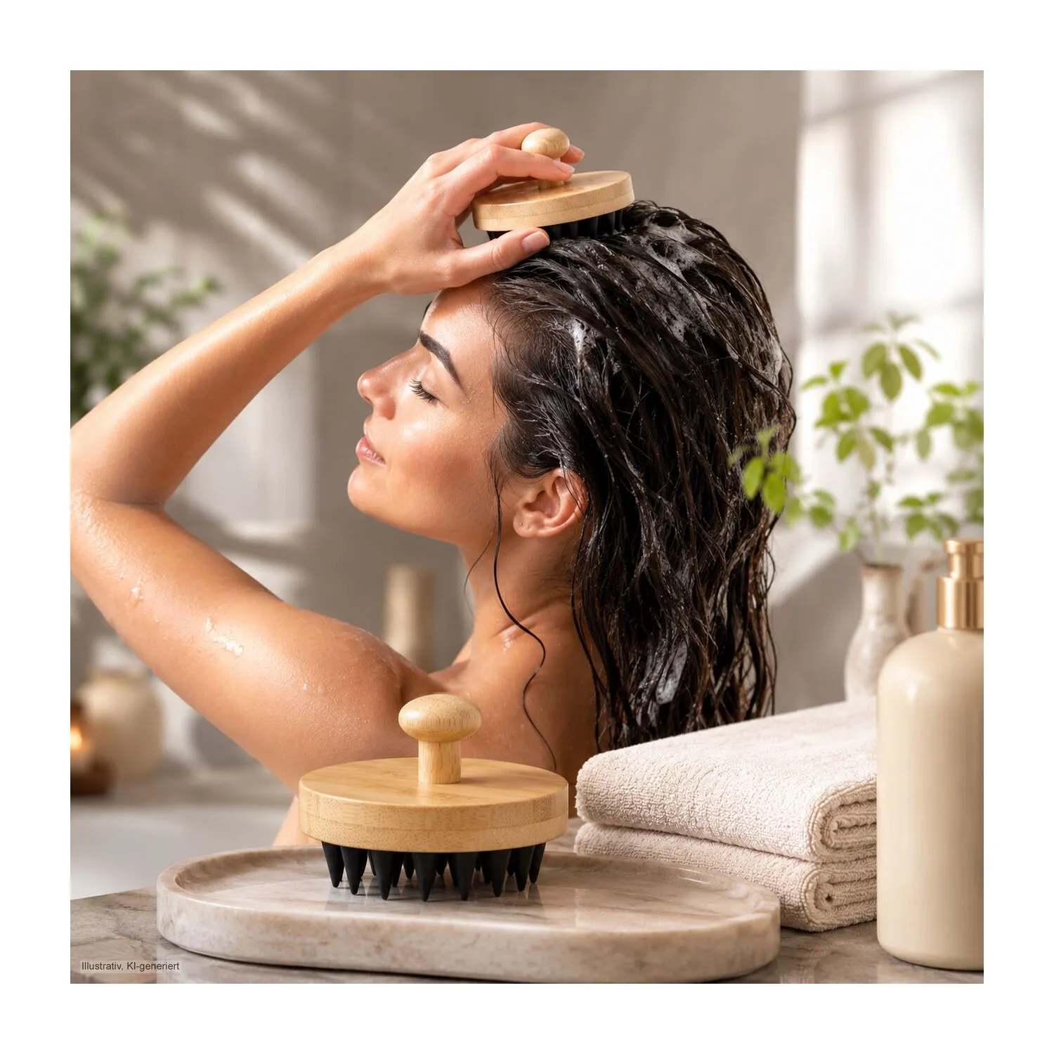 Massagebürste Scalp, Kopfhautbürste mit Silikonnoppen für Wellness-Kopfmassage, braun – Bild 10