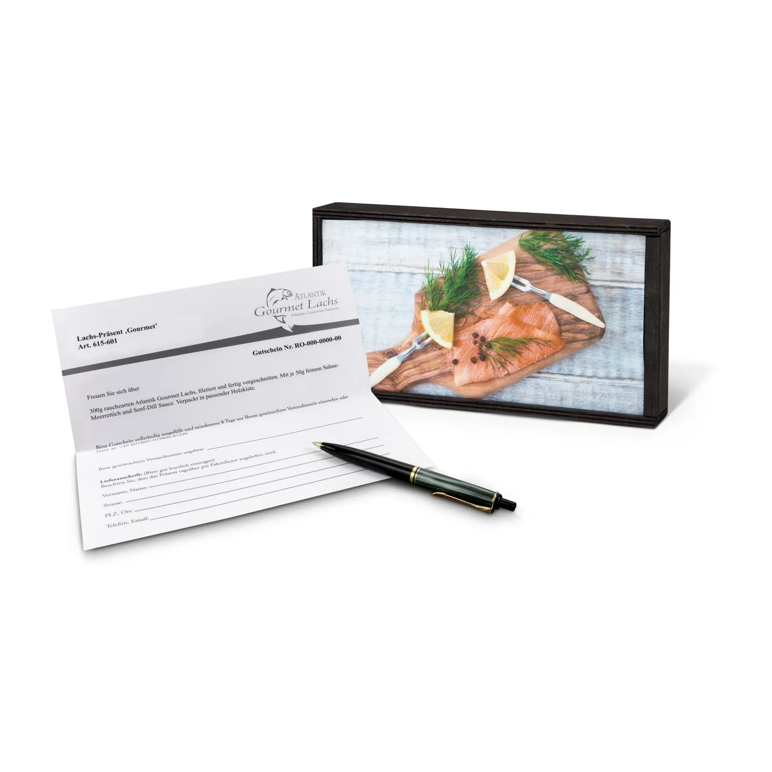 Geschenkartikel / Präsentartikel: Lachs-Gutschein in Holzbox: Gourmet, braun – Bild 2