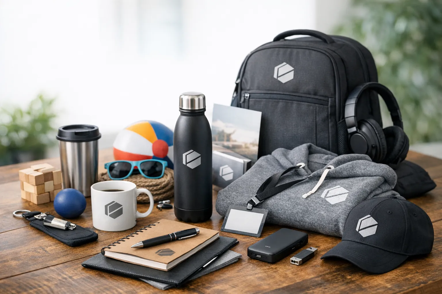 Gebrandete Trinkflasche, Tasse, Notizbuch, Powerbank, Hoodie und Rucksack als Welcome Kit für Mitarbeiter