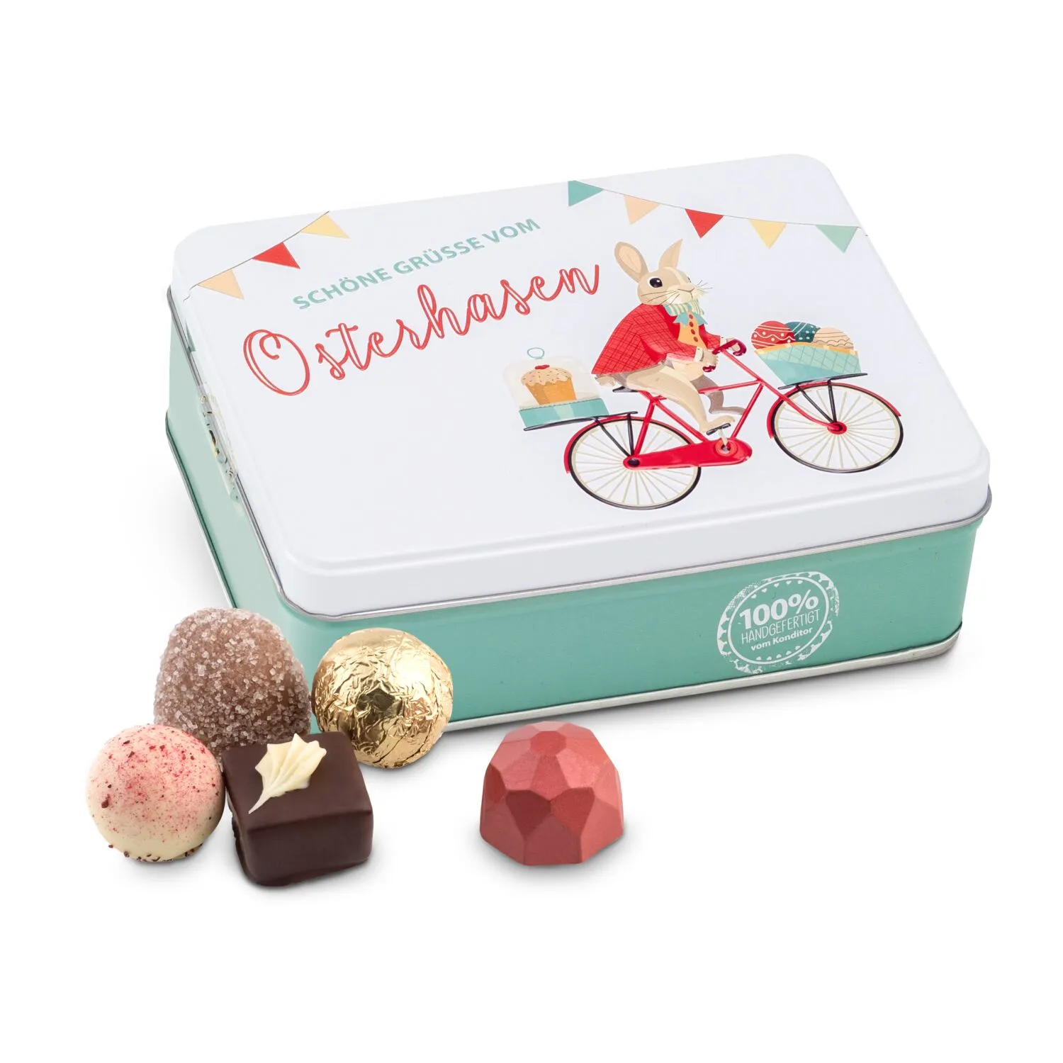 Geschenkartikel / Präsentartikel: Hasenvater auf dem Fahrrad - Pralinendose mit 125 g, grün – Bild 2