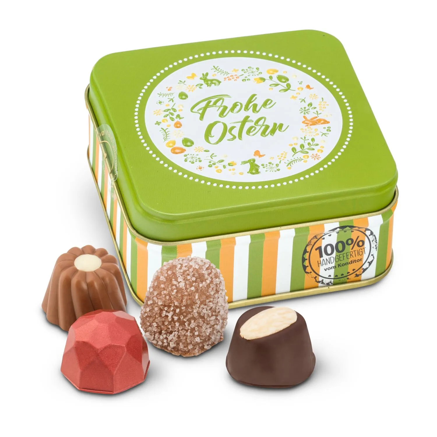 Geschenkartikel / Präsentartikel: Frohe Ostern - Pralinendose mit 50 g, grün – Bild 2