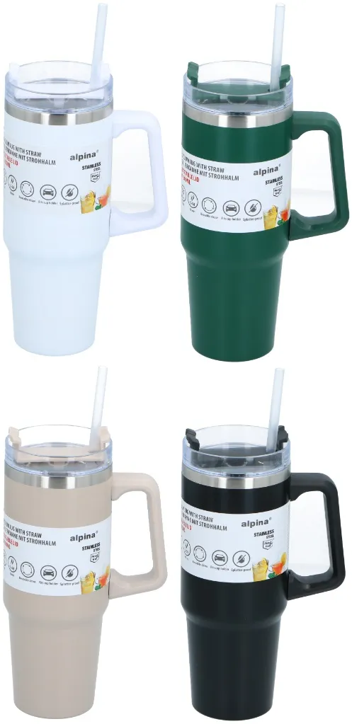 ALPINA Vakuum-Isolierbecher mit Trinkhalm 900ml, Black/White/Beige/Green – Bild 4