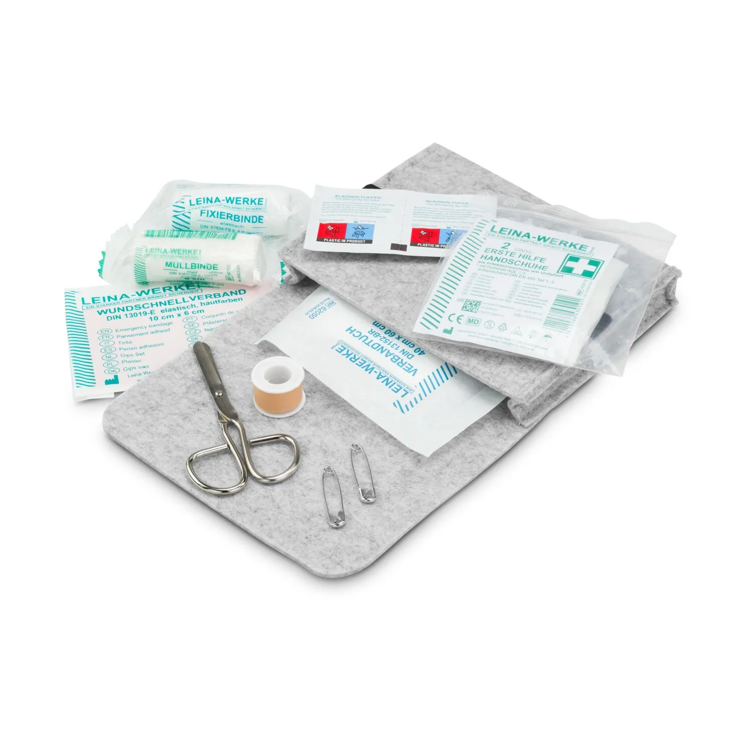 First Aid Kit in grauer Filztasche - Erste Hilfe Set, 12-teilig, deutsche Markenware