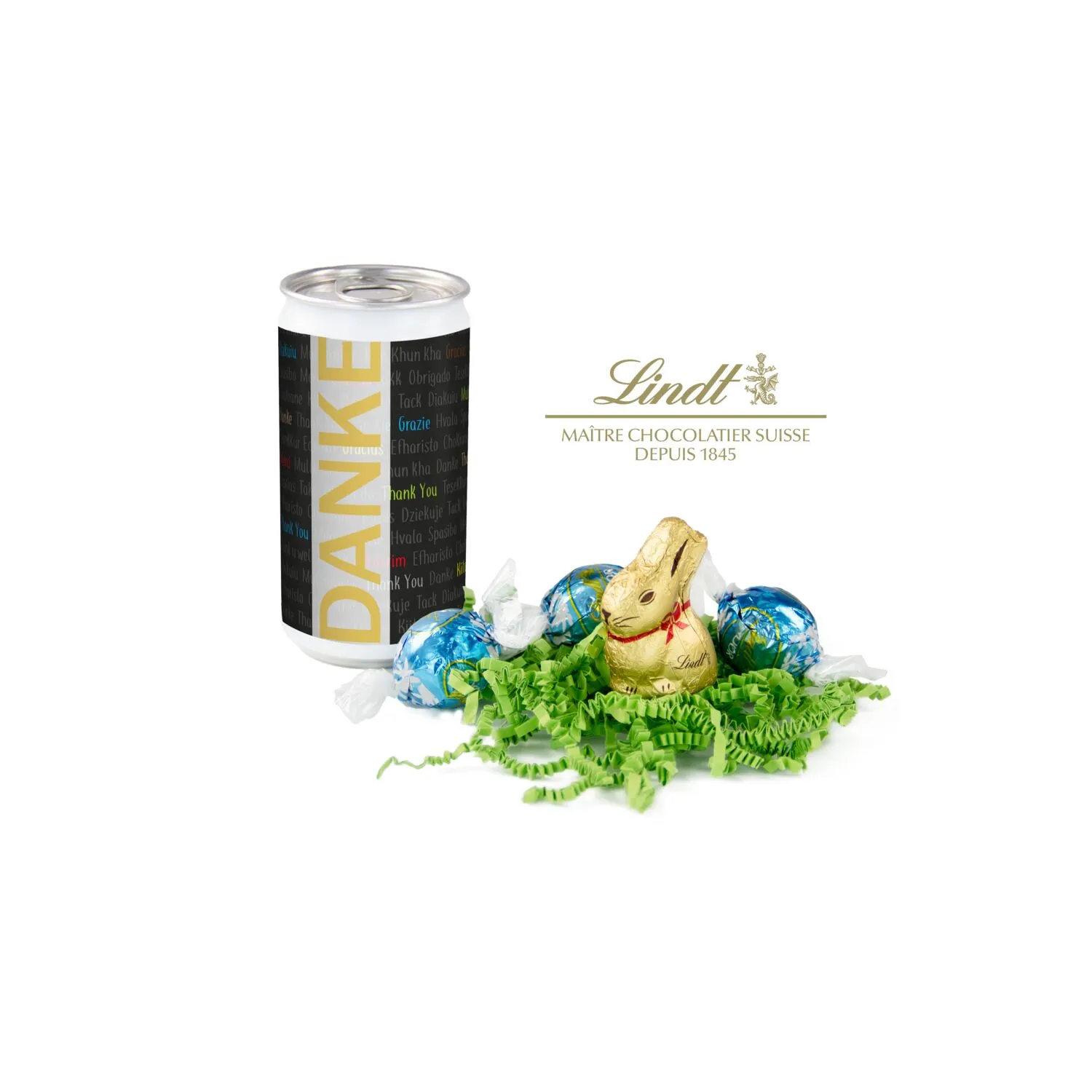 Geschenkartikel / Präsentartikel: Lindt-Oster-Überraschung, Das Nest in der Dose - Etikett Danke, schwarz