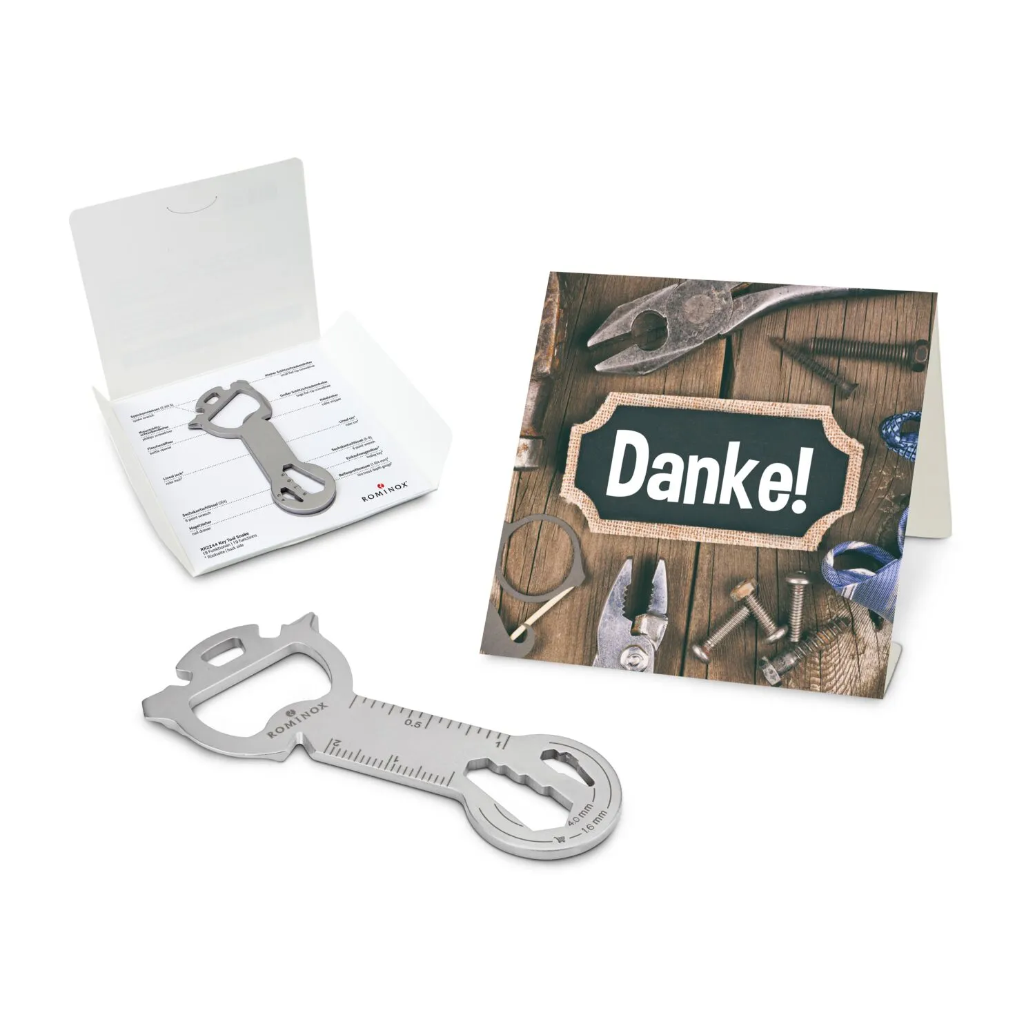 Geschenkartikel: ROMINOX® Key Tool / Multifunktionswerkzeug im Motiv-Mäppchen Danke
