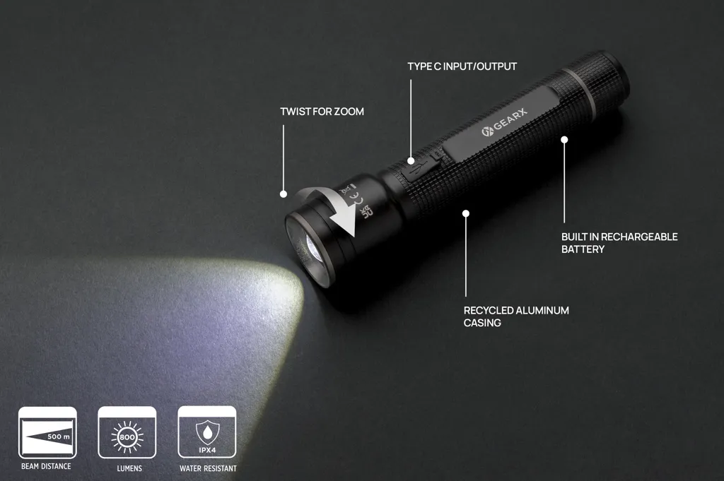 Große Gear X Taschenlampe aus RCS recycelt. Alu mit USB-Akku, schwarz – Bild 9