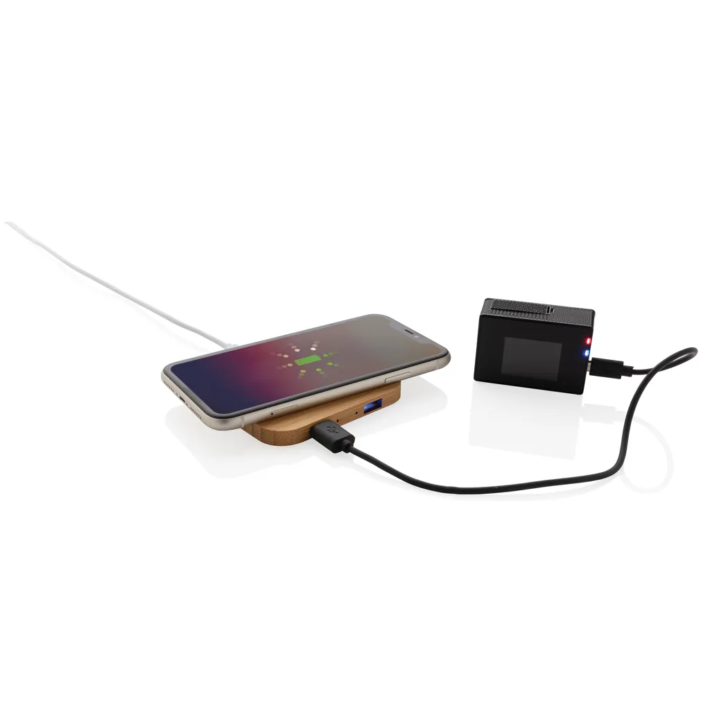 10W Wireless-Charger mit USB aus Bambus, braun – Bild 2