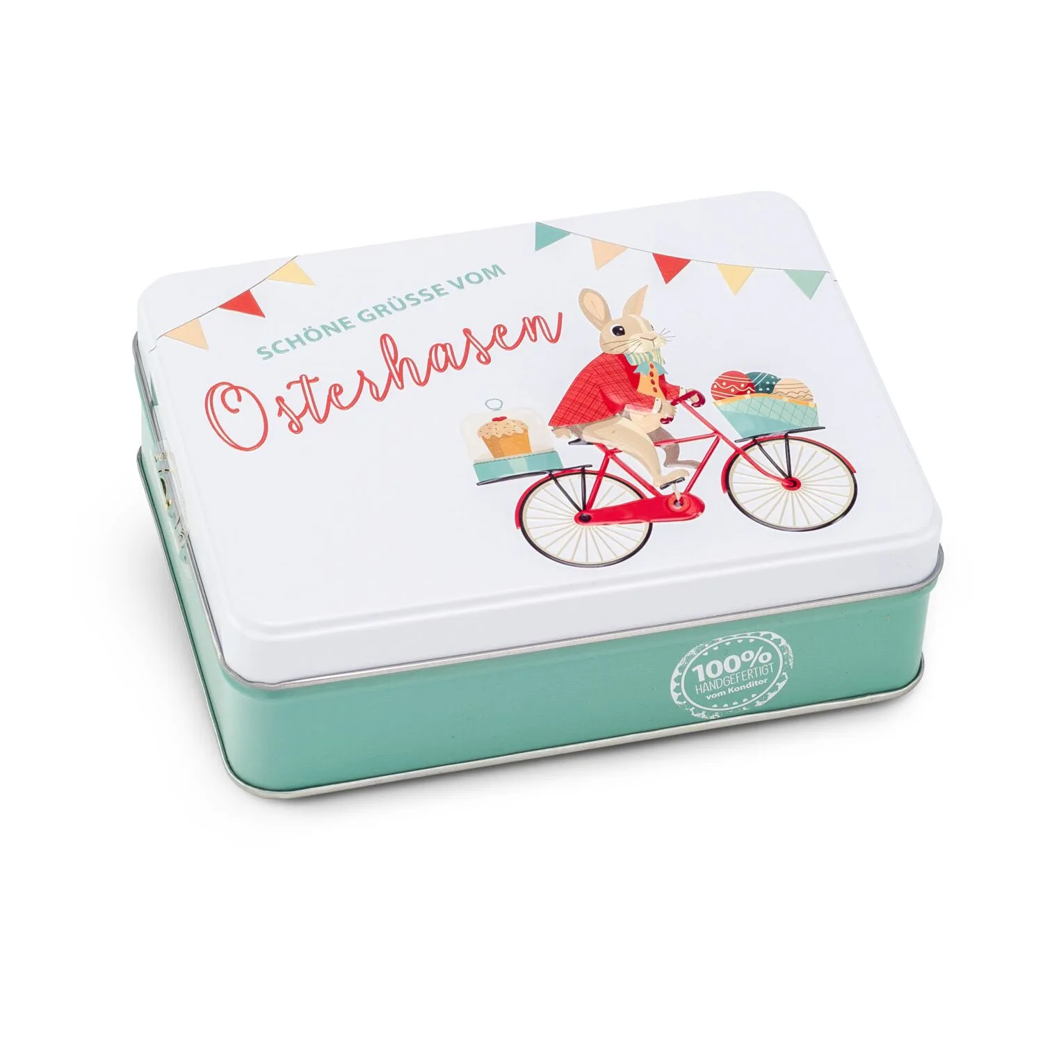 Geschenkartikel / Präsentartikel: Hasenvater auf dem Fahrrad - Pralinendose mit 125 g, grün – Bild 3