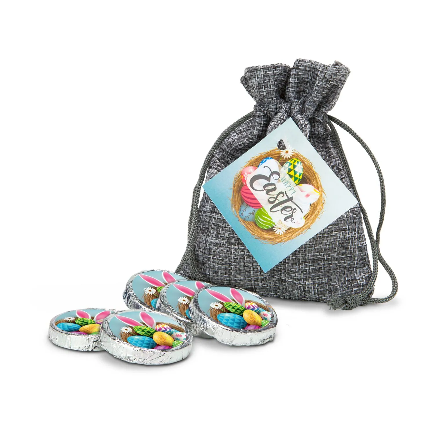 Geschenkset / Präsenteset: Oster-Schokotaler im Säckchen, grau – Bild 2