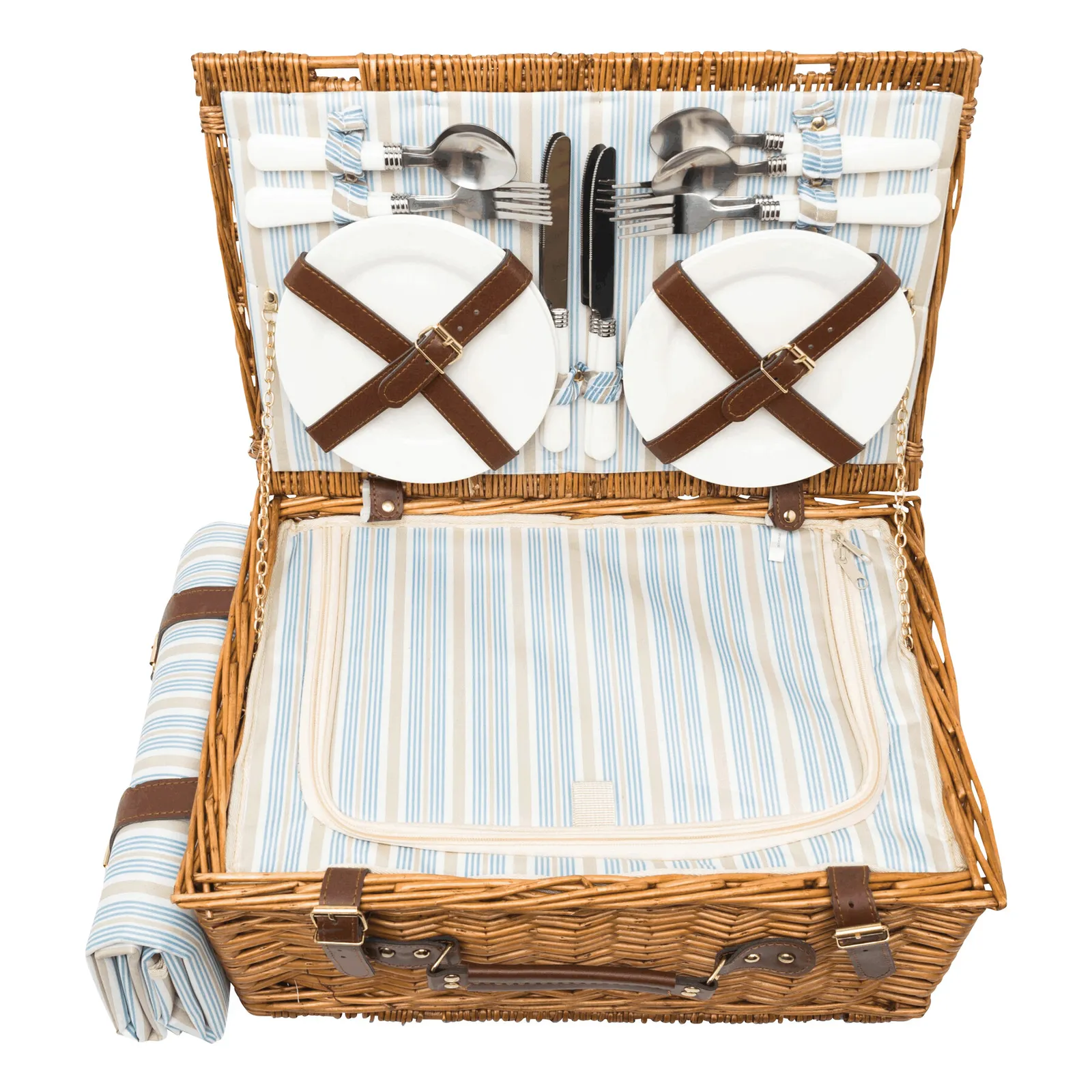 MADISON PARK - Weiden-Picknickkorb beige, blau, braun, beige, blau – Bild 3